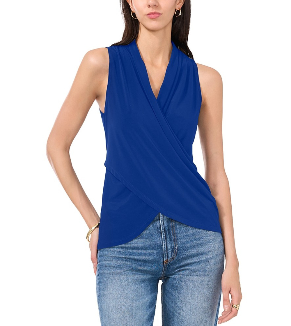 Vince Camuto Women Crossover Wrap Front Sleeveless Top Goddess Blue Size L